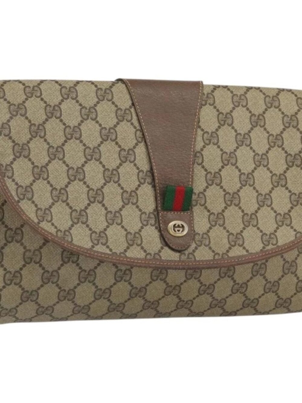 GUCCI GG Supreme Web Sherry Line Bag PVC Beige Gold 156 01 031 Auth 158203